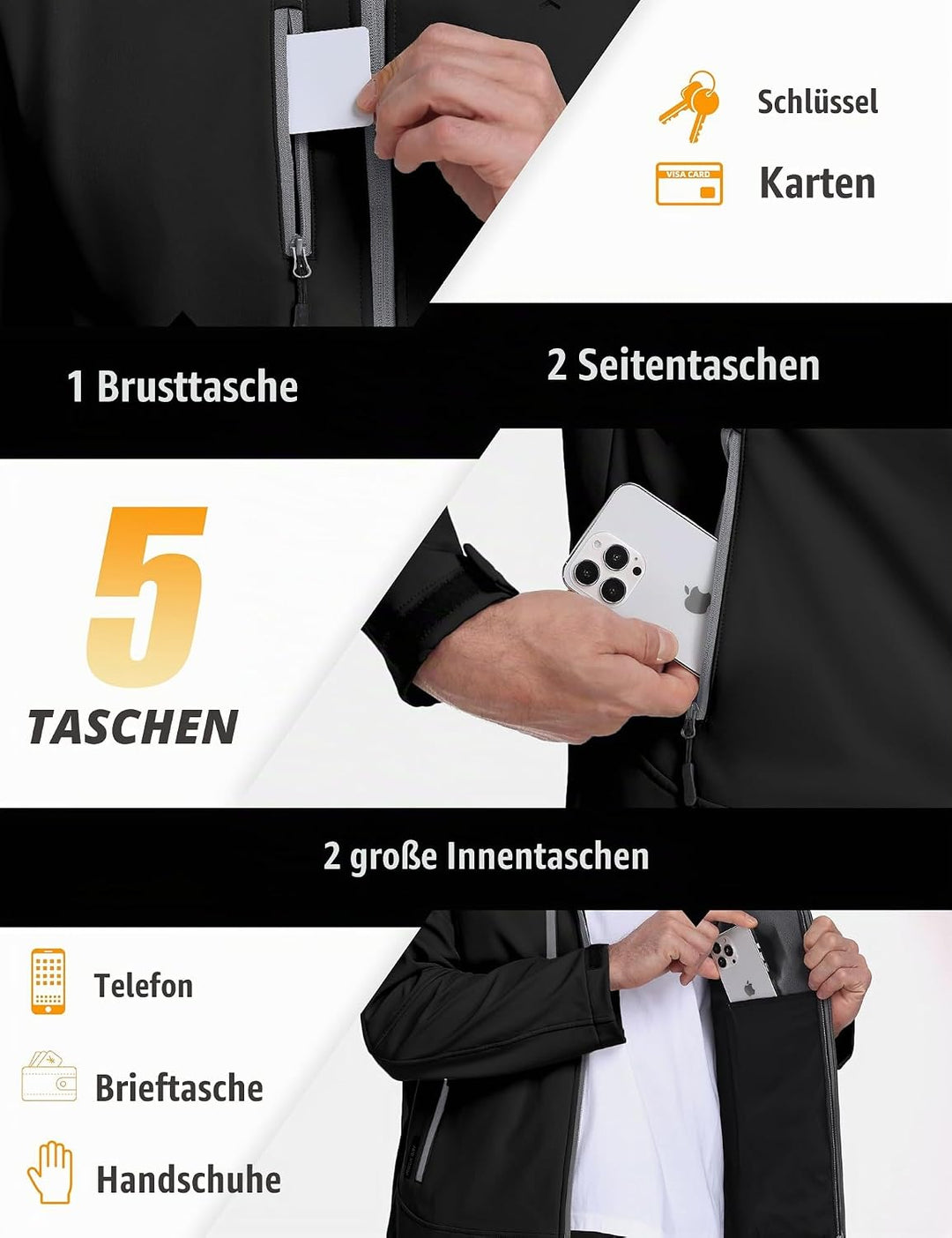 Little Donkey Andy Softshelljacke für Herren mit abnehmbarer Kapuze, Fleecefutter und Wasserabweisen