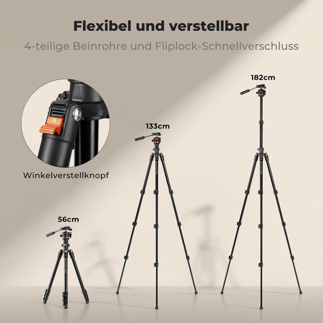 K&F CONCEPT 182CM Stativ Kamera mit Griff und Neigungsbegrenzer, Kamerastativ aus Aluminium Tripod f