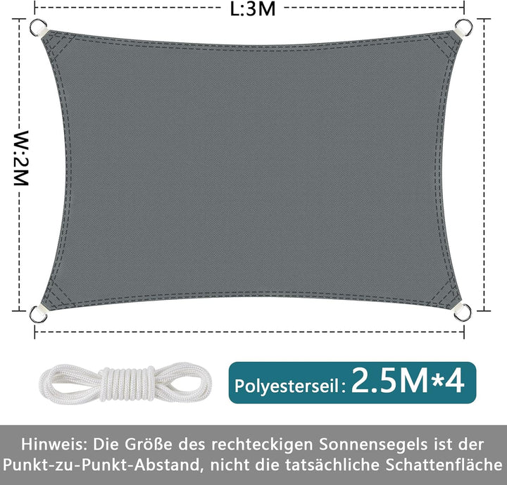 Sonnensegel Rechteckig Wasserdicht UV-Schutz 2 x 3m, Ohne Bohren für Balkon, Terrasse, Garten, Wohnw