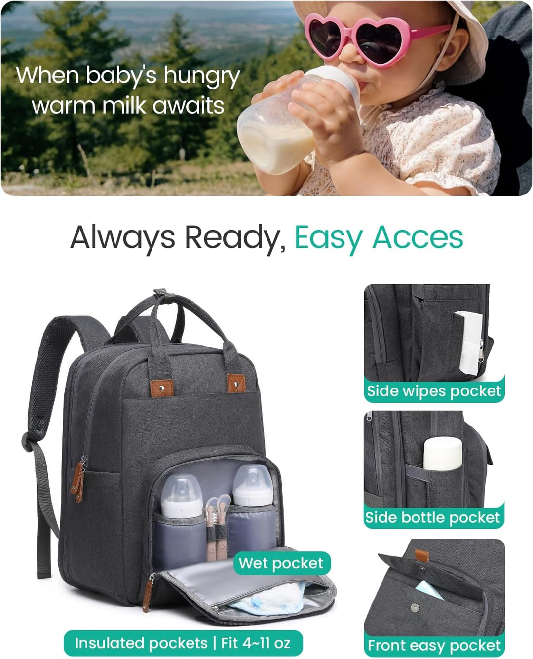 Grosser Diaper Bag Backpack - 23 Taschen, Erweitbar, 31 Liter, Grau, Einfarbig, Polyester, Minimalis