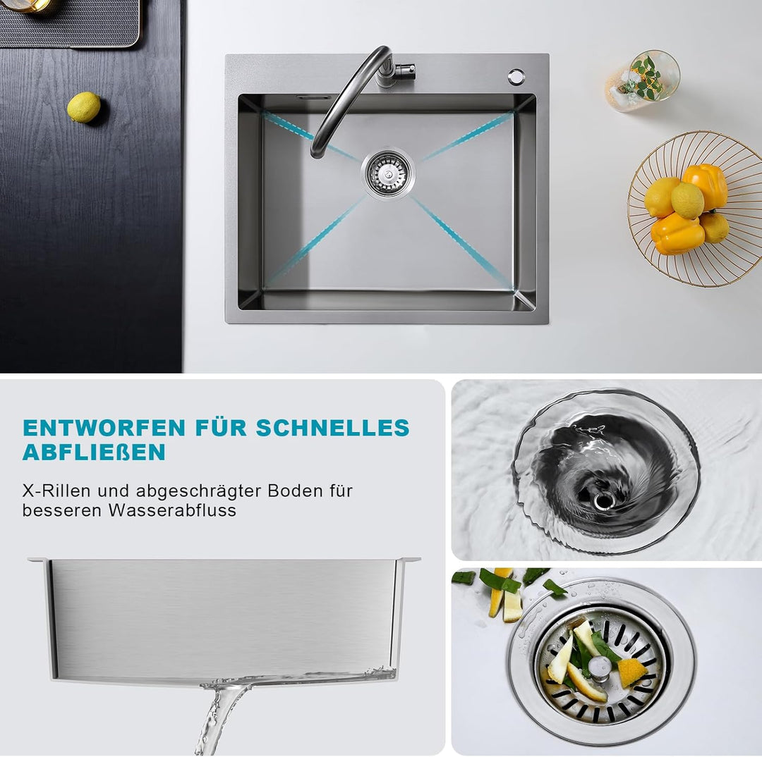 Spülbecken 60 x 50 cm, KEOKBON Nanosilber Spüle Küche Edelstahl 1 Becken, edelstahlspüle mit Hahnloc