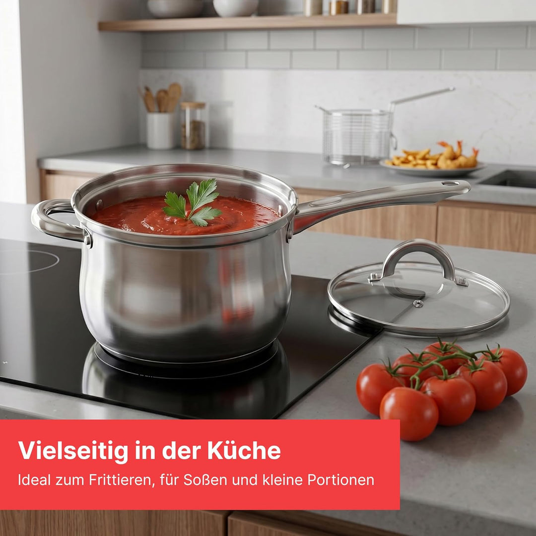 Frittiertopf 3,5 L Edelstahl Fritteuse mit Frittierkorb und Glasdeckel Pommestopf für alle Herdarten