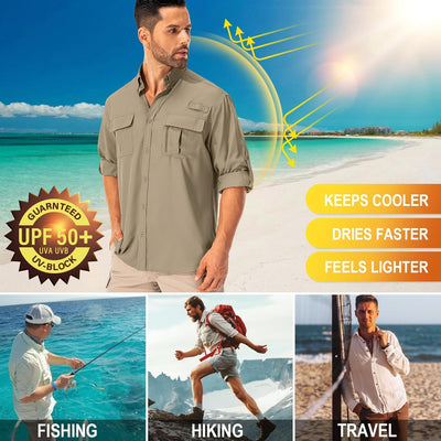 Asfixiado Hemd Herren Safari UPF50+ UV Schutz Wanderhemd Herren Langarm Funktionshemd Outdoorhemd At