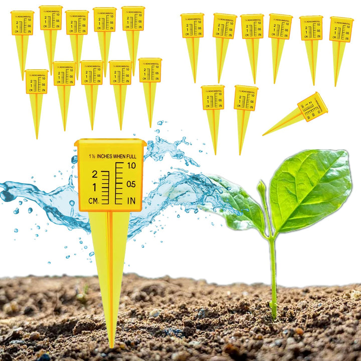 Qivine 20 Stück Regenmesser Garten, 20mm und 1 Zoll Skalen Niederschlagsmesser mit Erdspiess, 13,5 ×