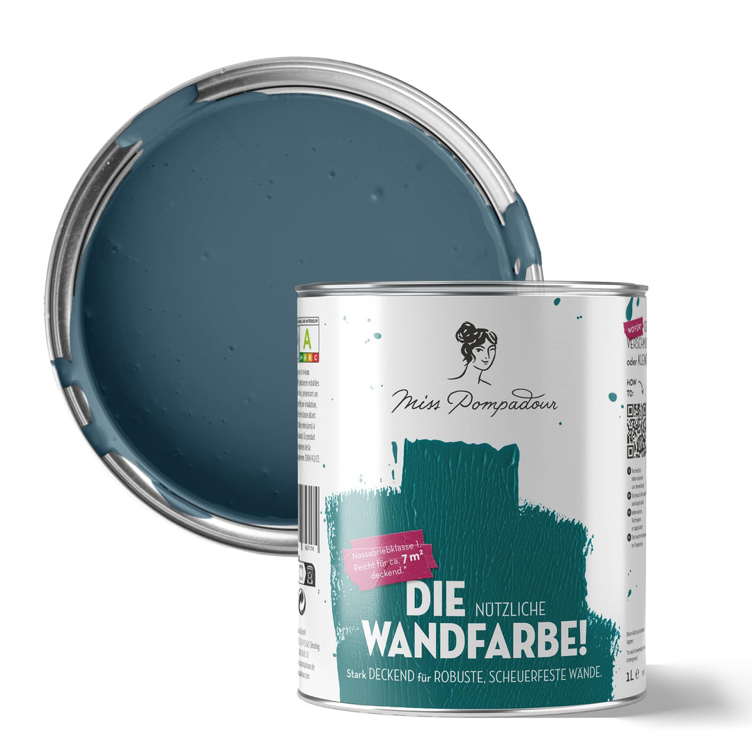 MissPompadour abwaschbare Wandfarbe Blau mit Jeans 1L - hohe Deckkraft &amp; Ergiebigkeit - matte, scheu