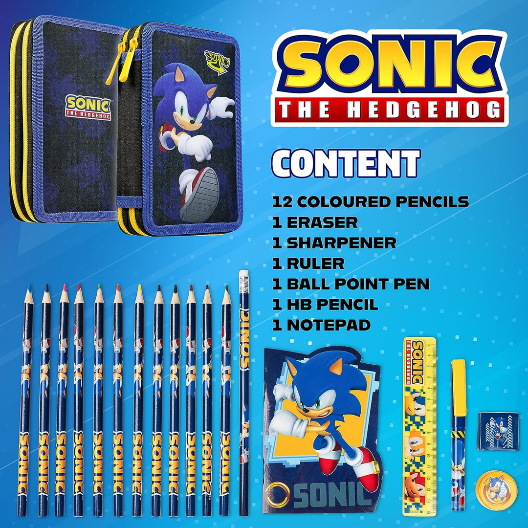 Sonic The Hedgehog Federtasche Gefüllt Kinder, Federmäppchen 2 Fächer, Mäppchen mit Inhalt, Etui Sch