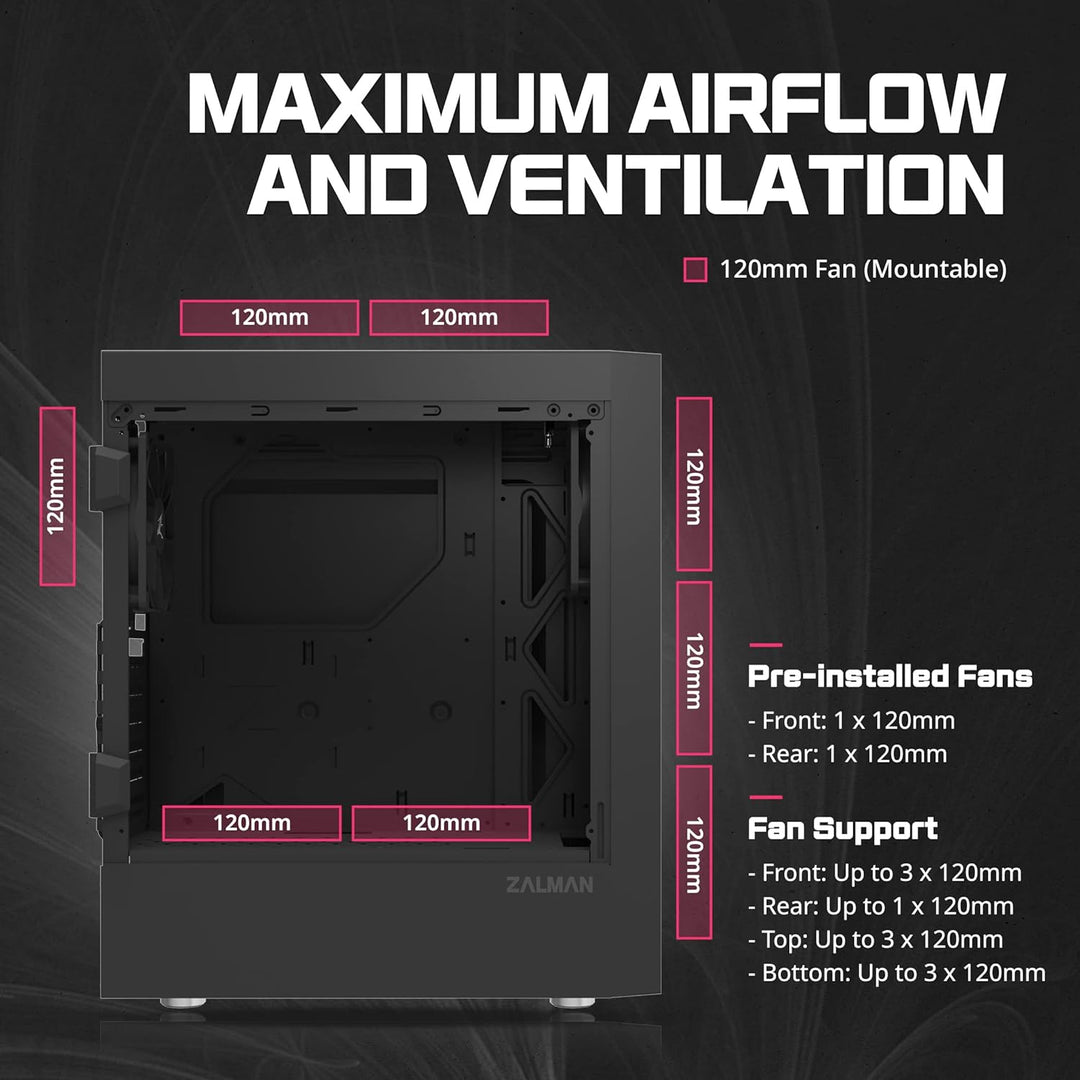 Zalman T7 PC Gehäuse Midi Tower ATX, Mesh Front 2xLüfter, Glas Seitenwand, Schwarz