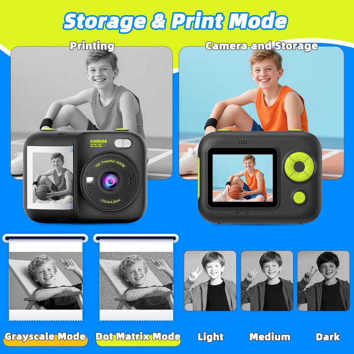 Kinder Sofortbildkamera, Digitalkamera mit Druck | 2,4 Zoll Display, 1080P HD Video, TF Karte &amp; 5 Ro