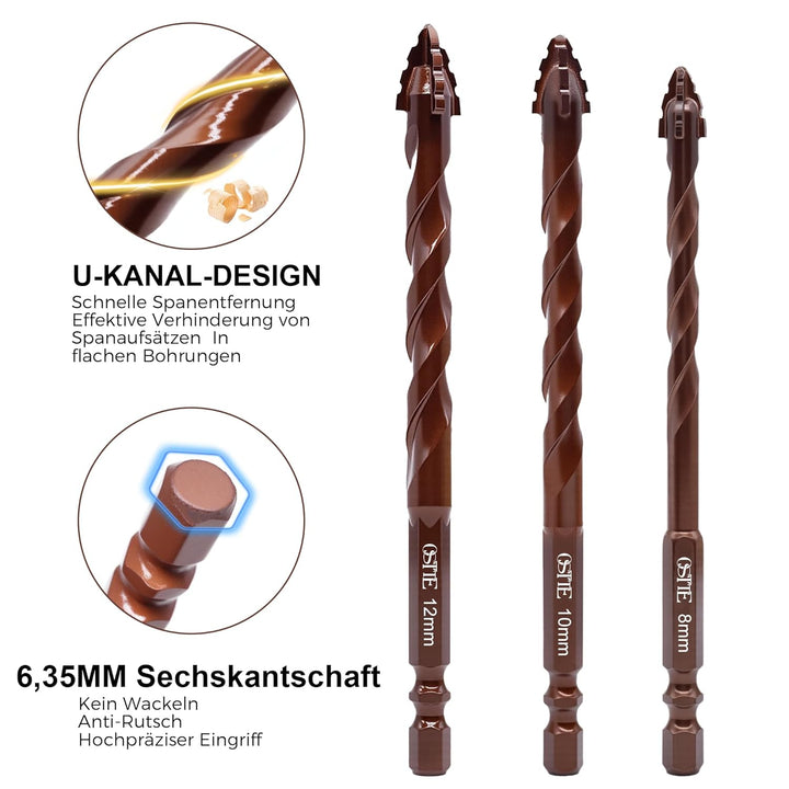 Fliesenbohrer Set 10 tlg, Steinbohrer Set mit Kobalt, Glasbohrer set 3-12mm, 6,35 mm Sechskantschaft