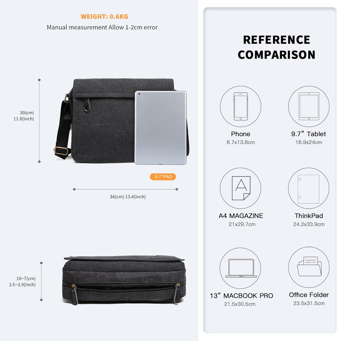 KONO Umhängetasche Leinwand Schultertasche Gross Messenger Bag 13 Zoll Segeltuch Tasche für Arbeit U