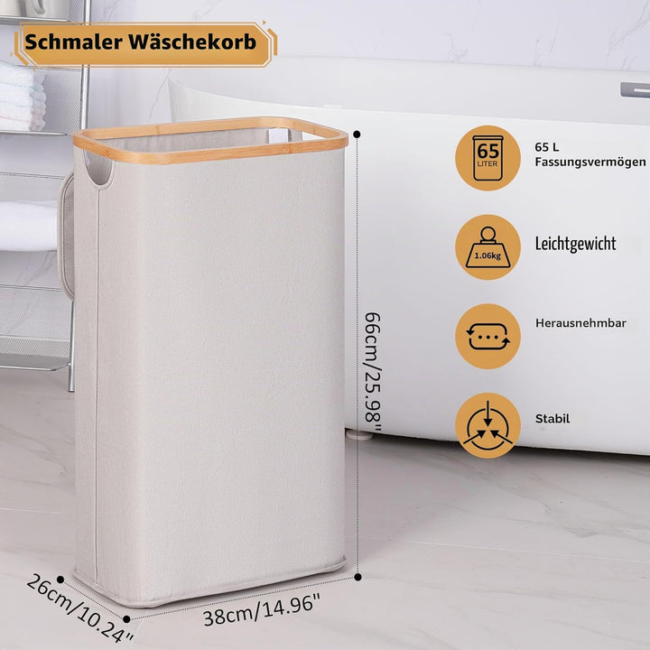 iEGrow Wäschekorb 65L, Wäschesammler Schmal mit Herausnehmbarer und Waschbarer Innentasche, Laundry