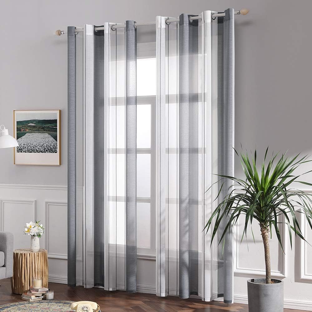 MIULEE Gardinen Gestreift Transparent mit Ösen, Voile Vorhänge Wohnzimmer Modern 2er Set, Vorhang Sc