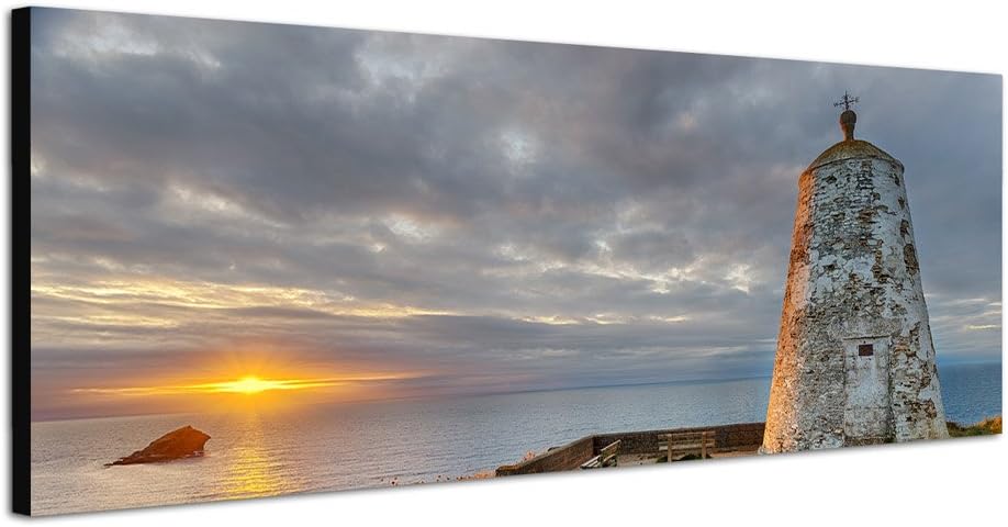 Paul Sinus Art Panoramabild auf Leinwand und Keilrahmen 150x50cm Cornwall Leuchtturm Meerblick Sonne
