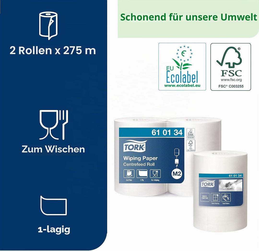 Tork Mehrzweck-Papierwischtücher mit Innenabrollung Weiss M2, Hand- und Oberflächenreinigung, 2 × 27