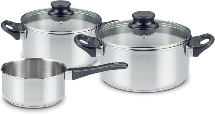KHG Topfset 3-teilig Edelstahl Induktion, Kochtopf 16 cm, 20 cm mit Glasdeckel, Kasserolle 14 cm - T