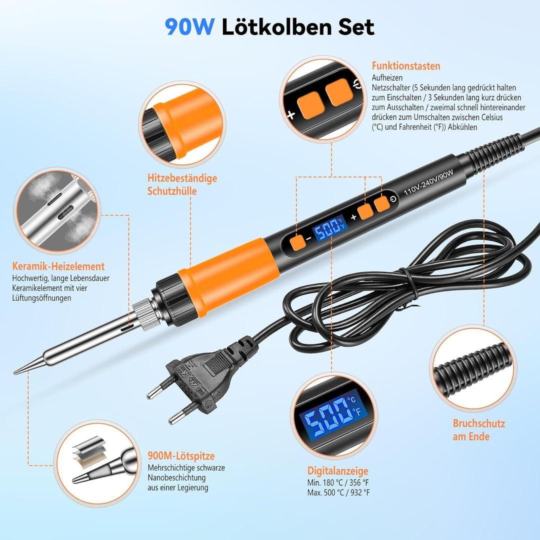 Lötkolben Set,90W Hochleistungs-Soldering Iron,LCD Digital Temperaturregelung 180-500℃,3 Lötspitzen