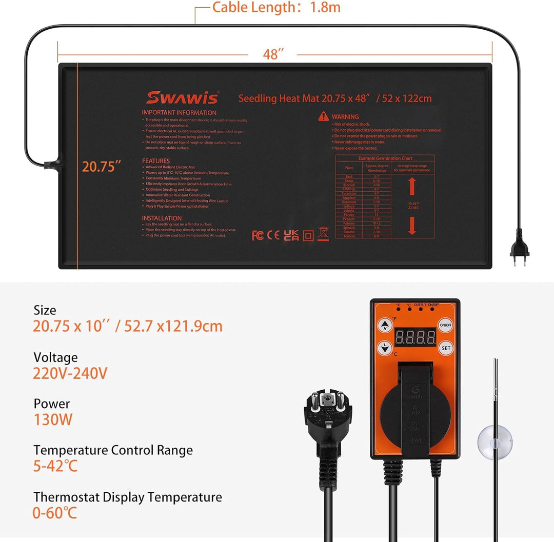 Heizmatte mit Thermostatregler 130W, 52,7x121,9cm Wärmematte Pflanzen Set für Gewächshäuser Gartenhä