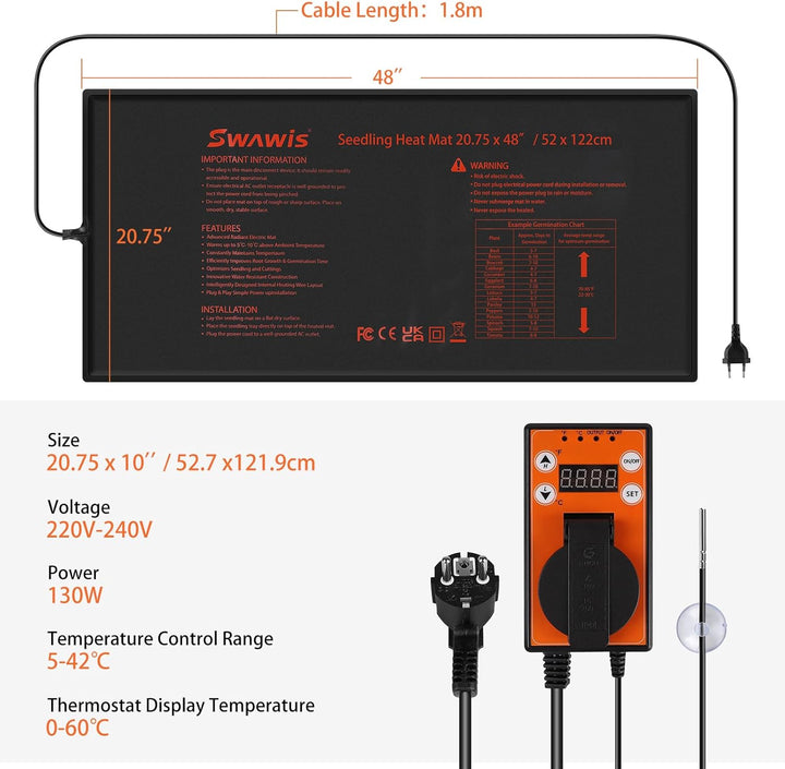 Heizmatte mit Thermostatregler 130W, 52,7x121,9cm Wärmematte Pflanzen Set für Gewächshäuser Gartenhä