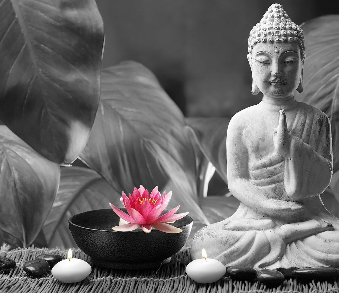 Buddha mit Seerose Herdabdeckplatte & Spritzschutz aus Echtglas | Für Herd-Kochfelder | 60x52 cm