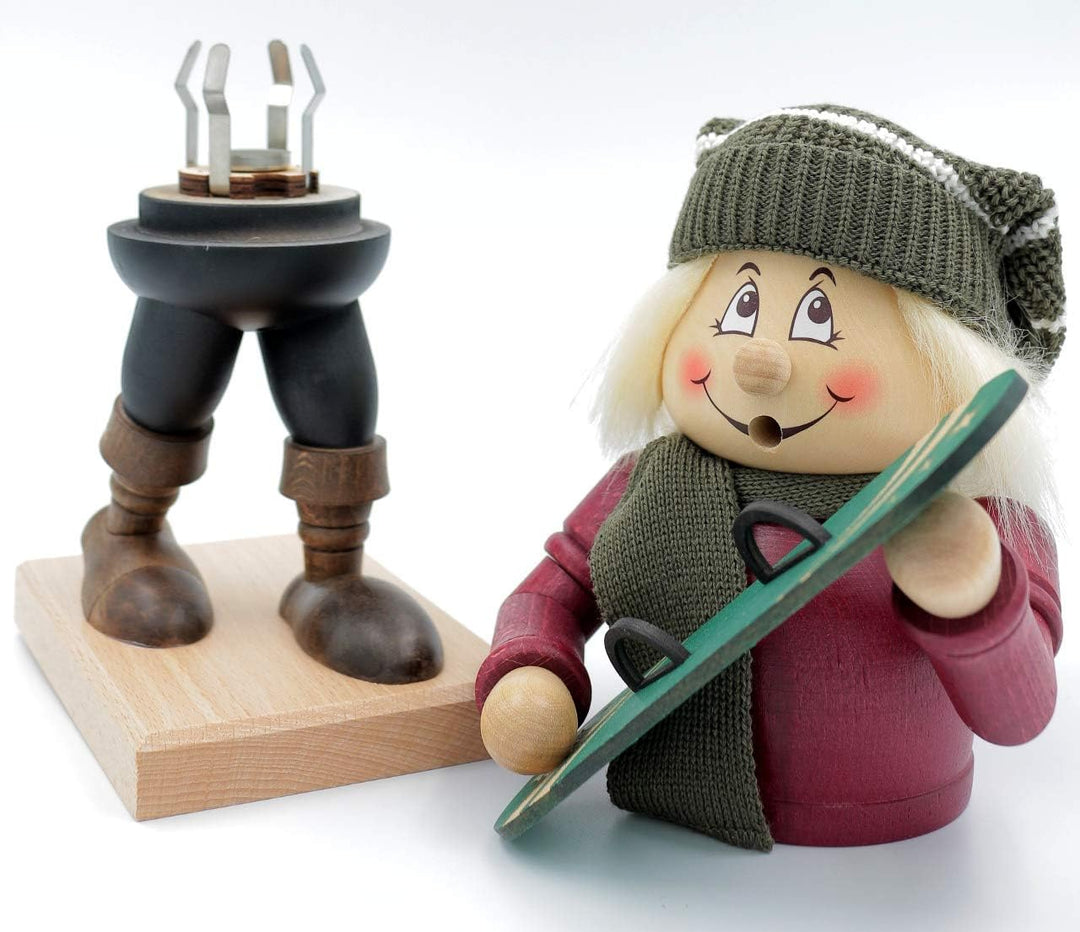 Kuhnert - Original Erzgebirgische Holzkunst Räuchermann Räucherfigur Wichtel 32cm - Snowboarder, Sno