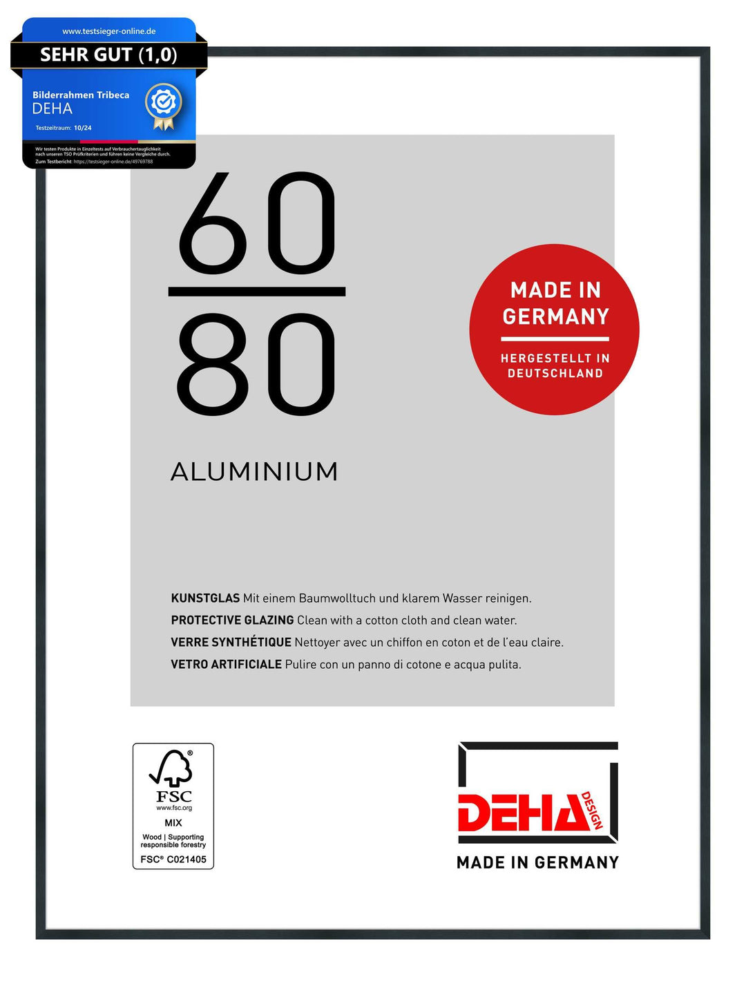 DEHA Design Bilderrahmen Tribeca, 60x80 cm, Aluminium Schwarz Matt, bruchsicheres Acrylglas, für Pos
