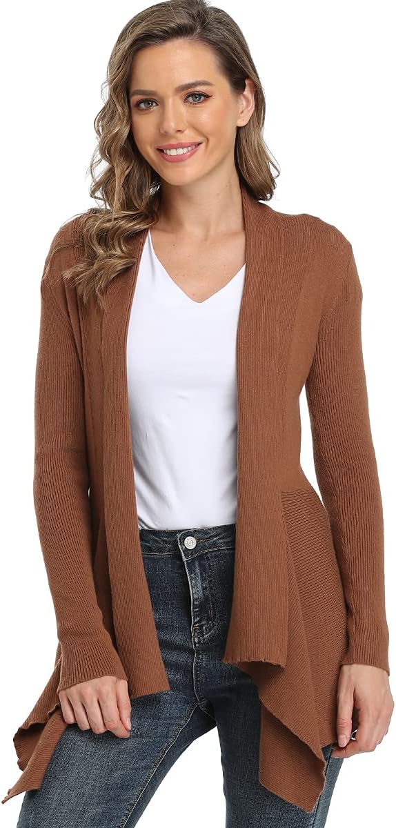 Dilgul Damen Cardigan Elegant Langarm Open Front Unregelmässiger Saum Strickjacke Pullover 34 Kamel,