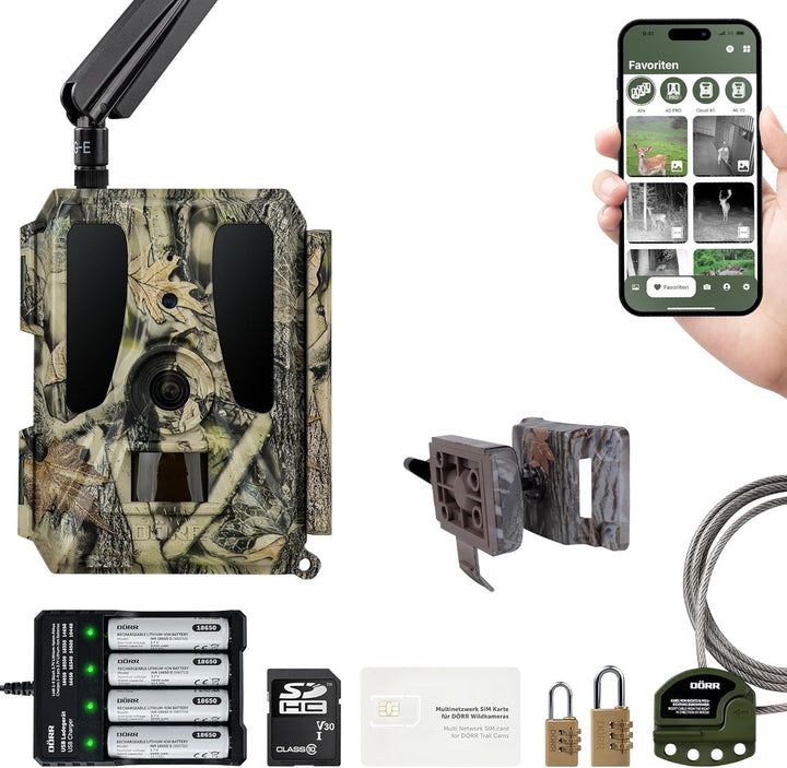 DÖRR Cloud Pro 4G Wildkamera, Überwachungskamera, 60°, Wiederaufladbar 18650, Starter-Set, iOS & And