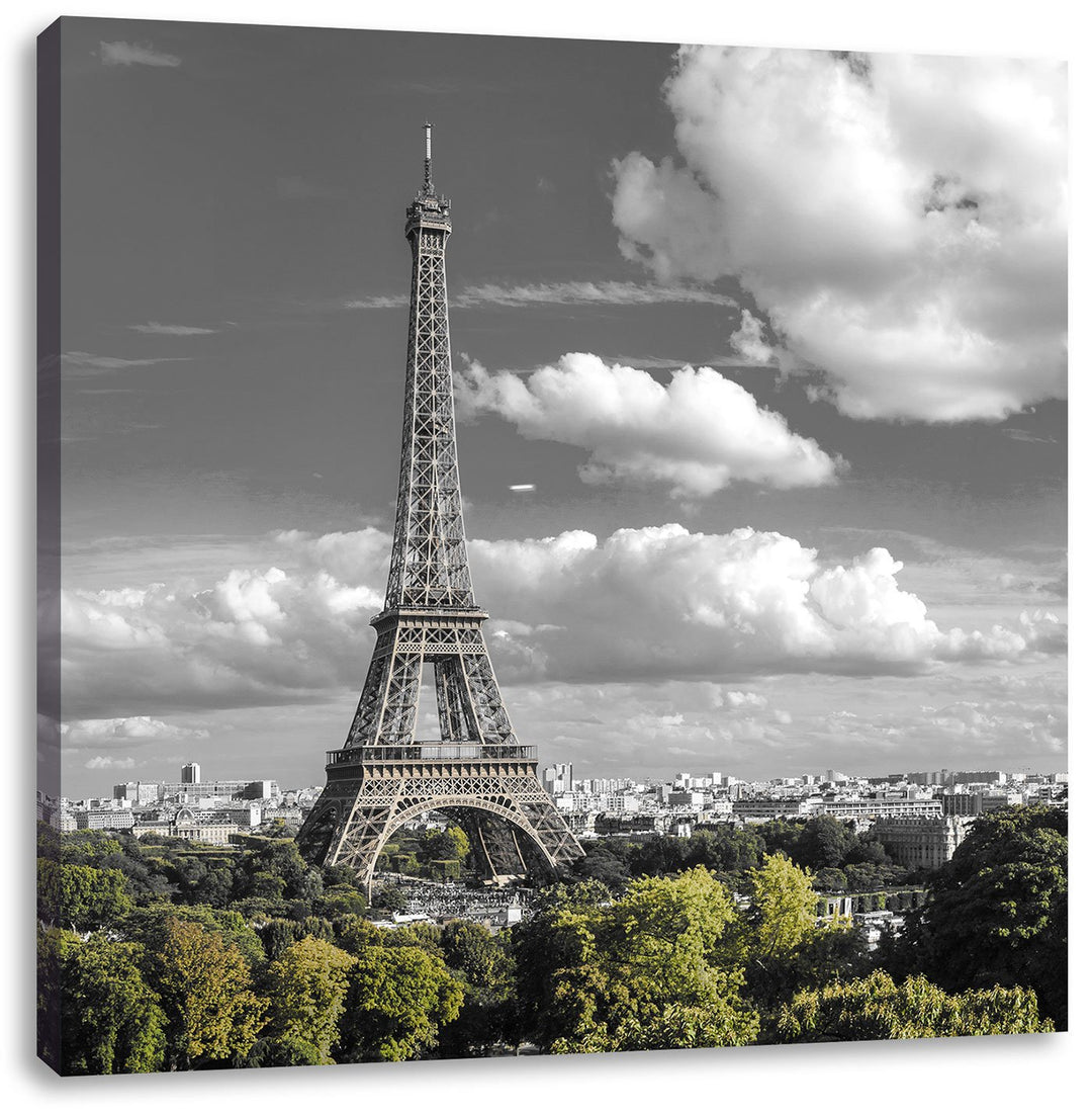 Pixxprint Riesiger Eiffelturm in Paris Schwarz/Weiss, Format: 70x70 auf Leinwand, 70x70