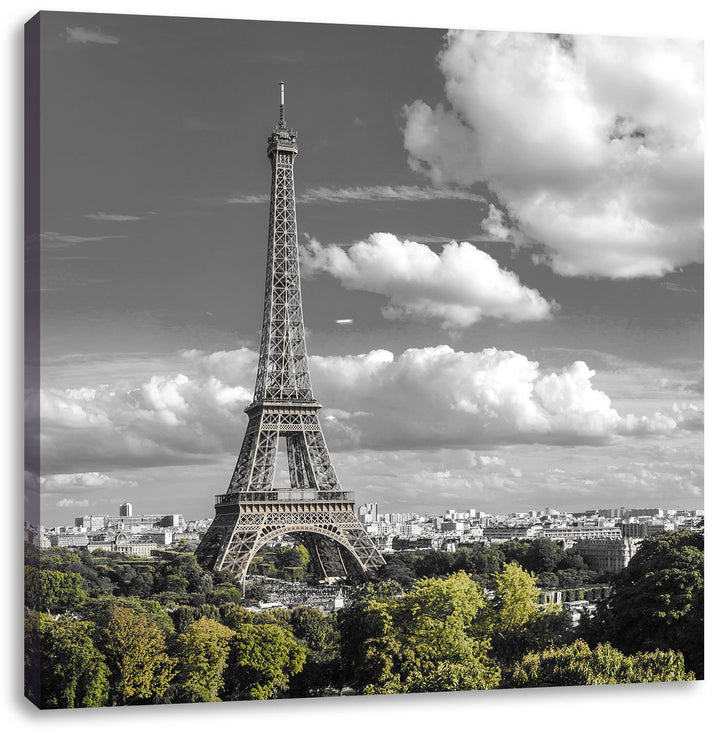 Pixxprint Riesiger Eiffelturm in Paris Schwarz/Weiss, Format: 70x70 auf Leinwand, 70x70