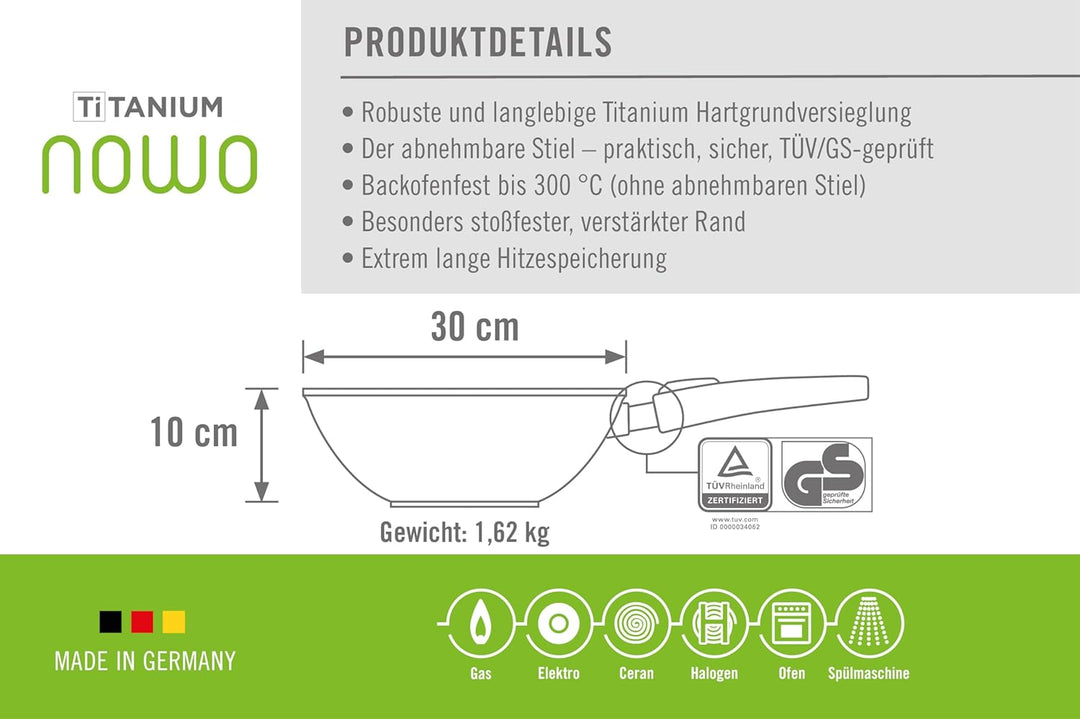 Woll Nowo Titanium Schwenk- und Rührpfanne, Ø 30 cm, 10 cm hoch, mit abnehmbarem Stiel - Geeignet fü