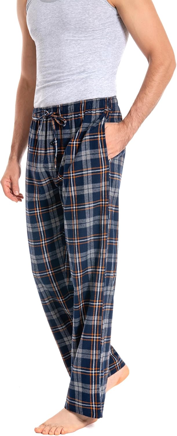 Herren 100% Baumwolle Flanell Bequeme Pyjama/Lounge Bottoms mit Taschen M Yellowish Navy Plaid, M Ye
