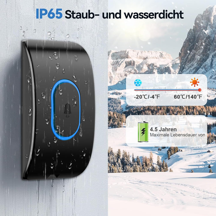 TECKNET Türklingel IP65 Funkklingel Aussen Wasserdicht, 400m Reichweite Funkklingel 2 Empfänger, 5 L