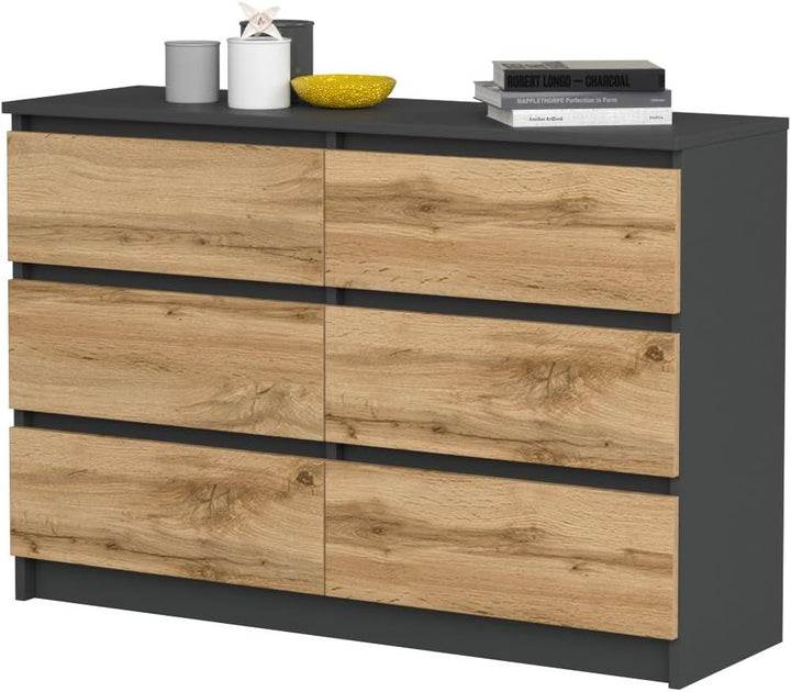 VBChome Kommode mit 6 Schubladen, Anthrazit-Artisan, 120 x 39 x 81 cm, Grifflose Holz-Schubladenkomm