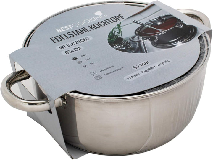 Kochtopf Edelstahl mit Glasdeckel 5,2 L 24 cm Topf Kochen