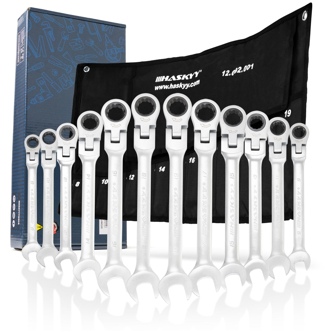 Haskyy 12-Tlg Gelenk-Ratschenschlüssel Satz I Set 8-19 mm I Gabelschlüssel Ratsche