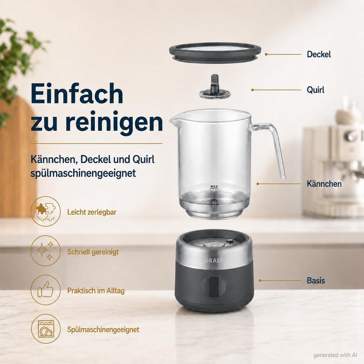GRAEF MS802EU - Milchaufschäumer, elektrisch, bis zu 500ml Milchschaum in Barista-Qualität, herausne