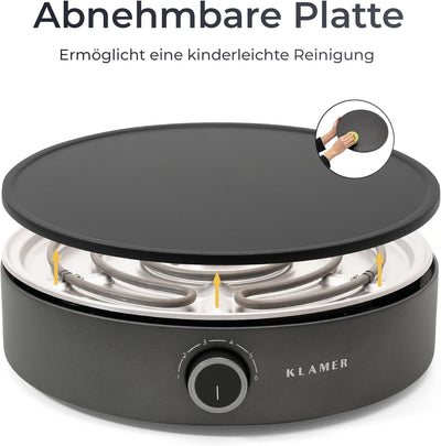 KLAMER Crepes Maker, Grosse Backfläche mit 33cm Ø, antihaftbeschichtete Platte, inkl. Teigverteiler