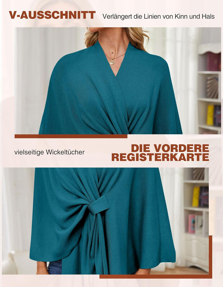 PULI Damen Elegant Poncho Strick Ponchos Capes Vorne öffnen Vielseitige Schalwickel mit Lasche Dunkl
