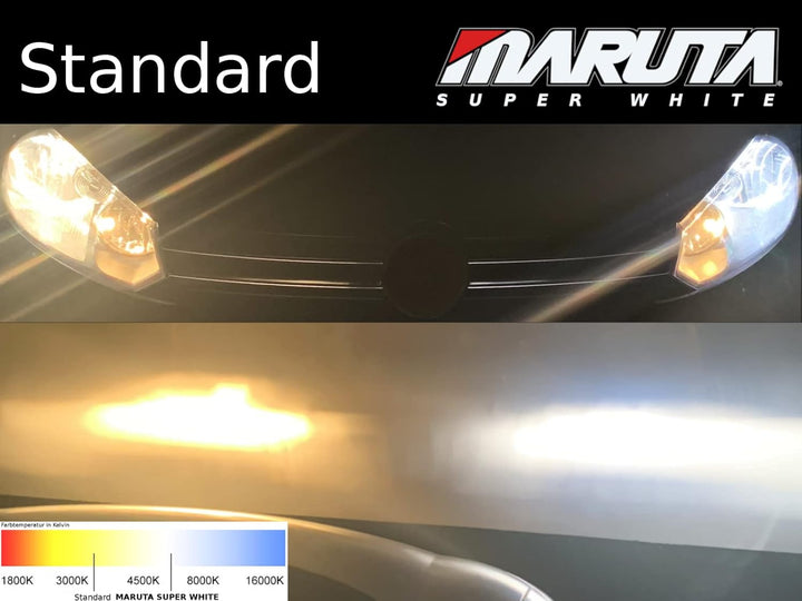 MARUTA SUPER WHITE H15 12V 55/15W Halogenlampe für Fernlicht & Tagfahrlicht, 5500K Xenon-Effekt, lan