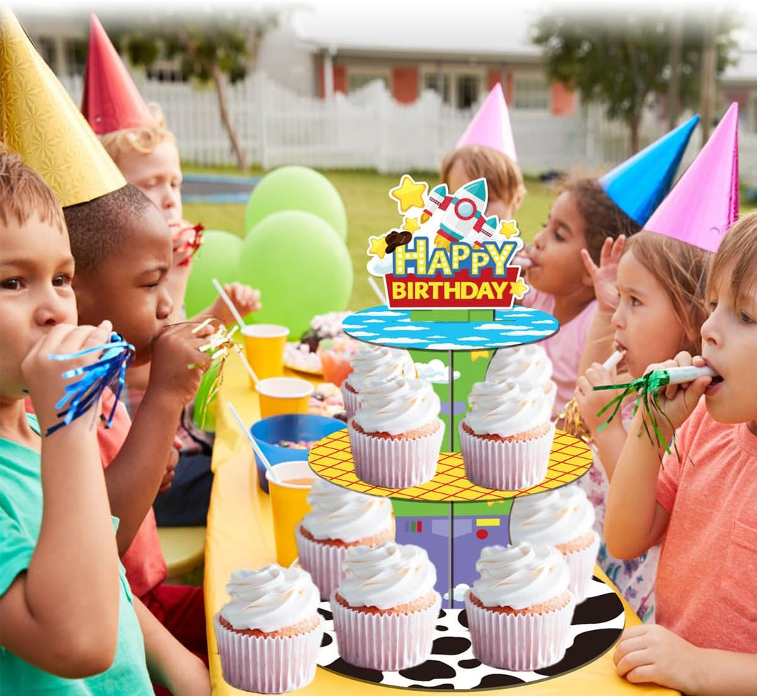 Cartoon Story Cupcake Ständer, 3 stöckiger Dessertturm, Spielzeug-Thema Junge Geburtstag Party Dekor