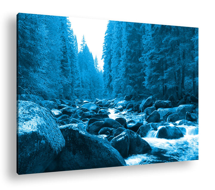 deyoli idyllischer Fluss im Wald Format 80x60 Effekt: Monocrome Blau als Leinwandbild, Motiv fertig
