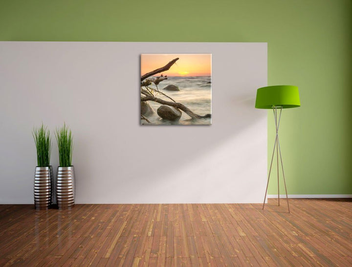 Ruhige See im Nebel, Format: 70x70 auf Leinwand, XXL riesige Bilder fertig gerahmt mit Keilrahmen, K