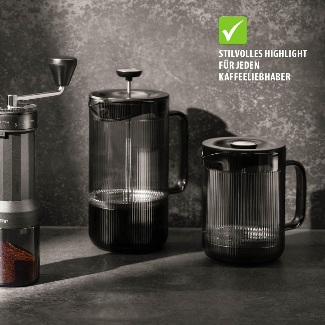 GEFU Kaffeebereiter CRISTIANO 600 ml – French Press aus mundgeblasenem Borosilikatglas in Smoke Grey