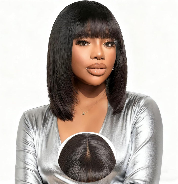Tunfine Straight Bob Glueless Human Hair Wigs 2x4 Lace Front Wigs With Bangs Echthaar Perücke for Bl