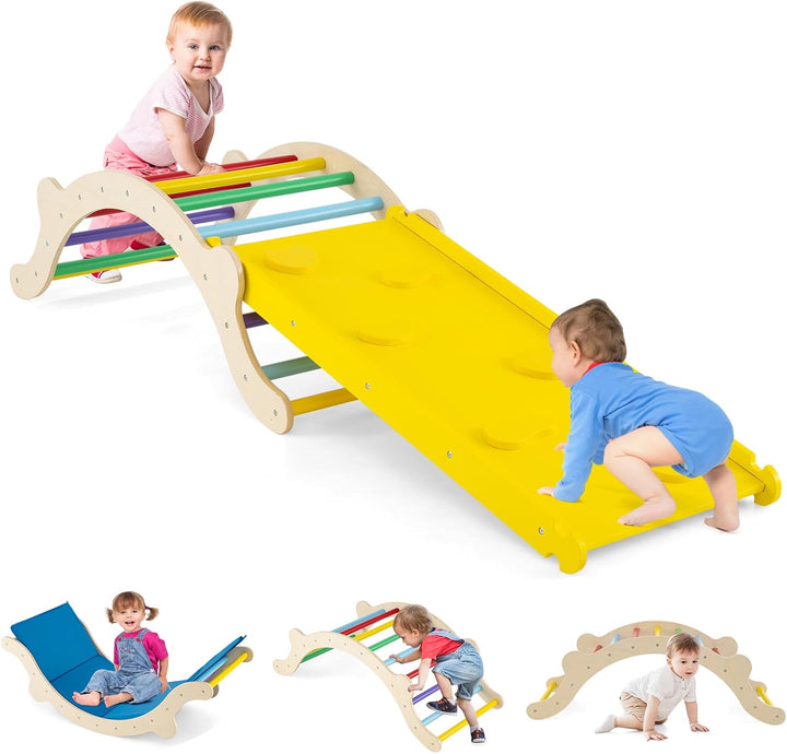 COSTWAY Kletterbogen mit Kissen, Kletterdreieck mit Rutsche Holz, 3 in 1 Klettergerüst Indoor zum Ru