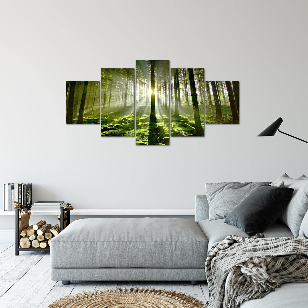 Runa Art Bild Schlafzimmer Wohnzimmer Wald Landschaft 5 Teilig Sonne Grün Wandbilder auf Vlies Leinw