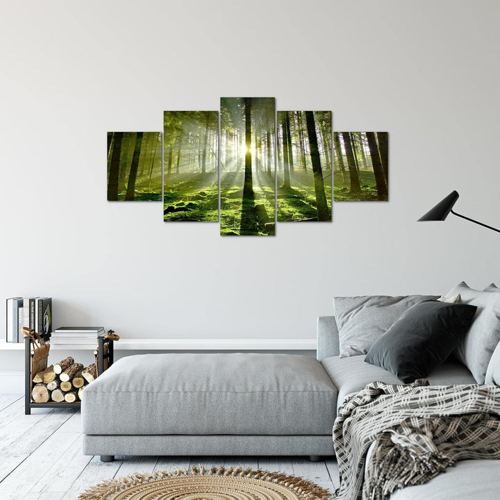 Runa Art Bild Schlafzimmer Wohnzimmer Wald Landschaft 5 Teilig Sonne Grün Wandbilder auf Vlies Leinw