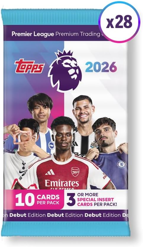 Topps Premier League 2026 - Debüt-Edition - Full Box - 28 Päckchen pro Box (280 Karten), 3 oder mehr