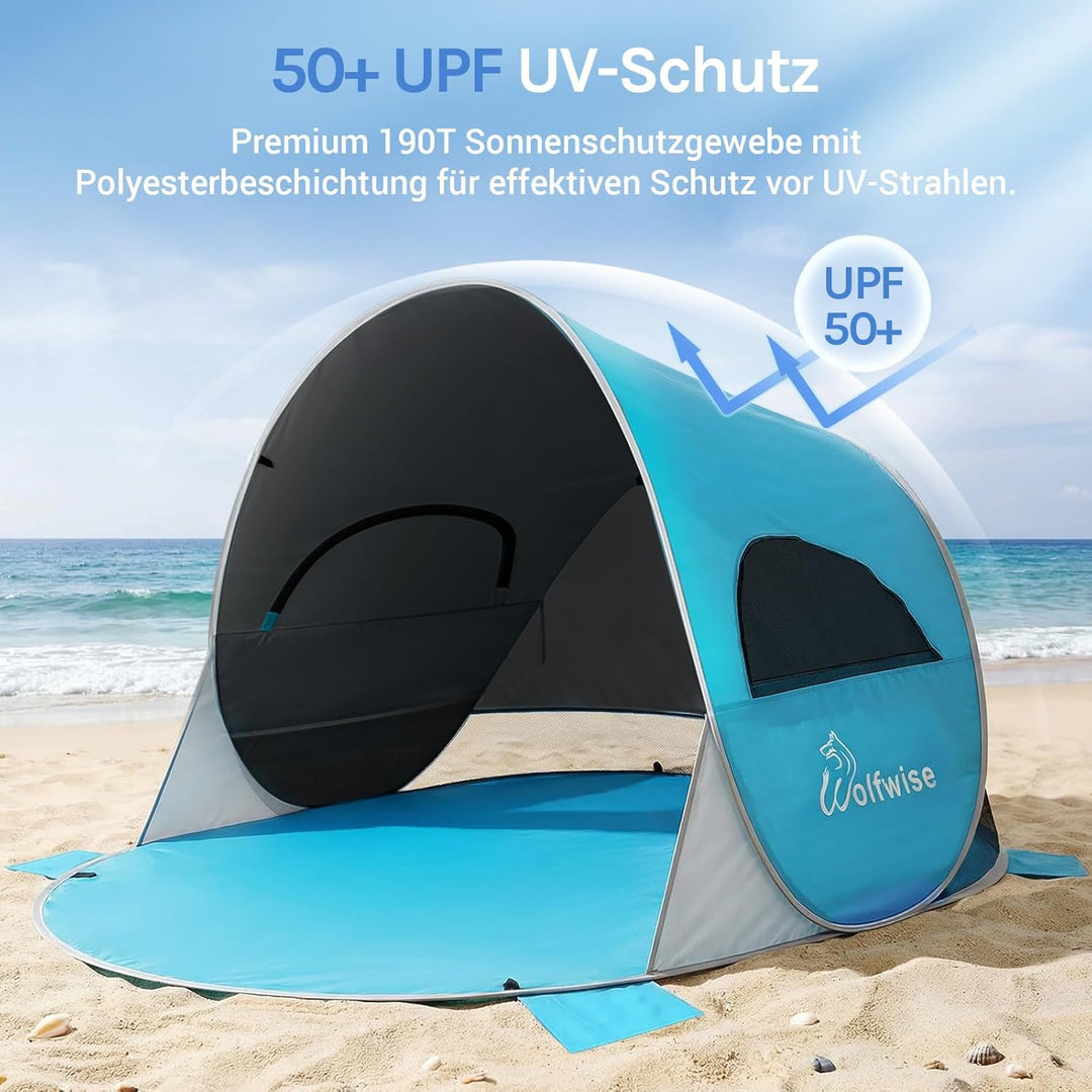 Wolfwise Pop Up Strandmuschel für 3-4 Personen, Sofort Aufbau, UV-Schutz 50+, Wasserabweisend, Belüf
