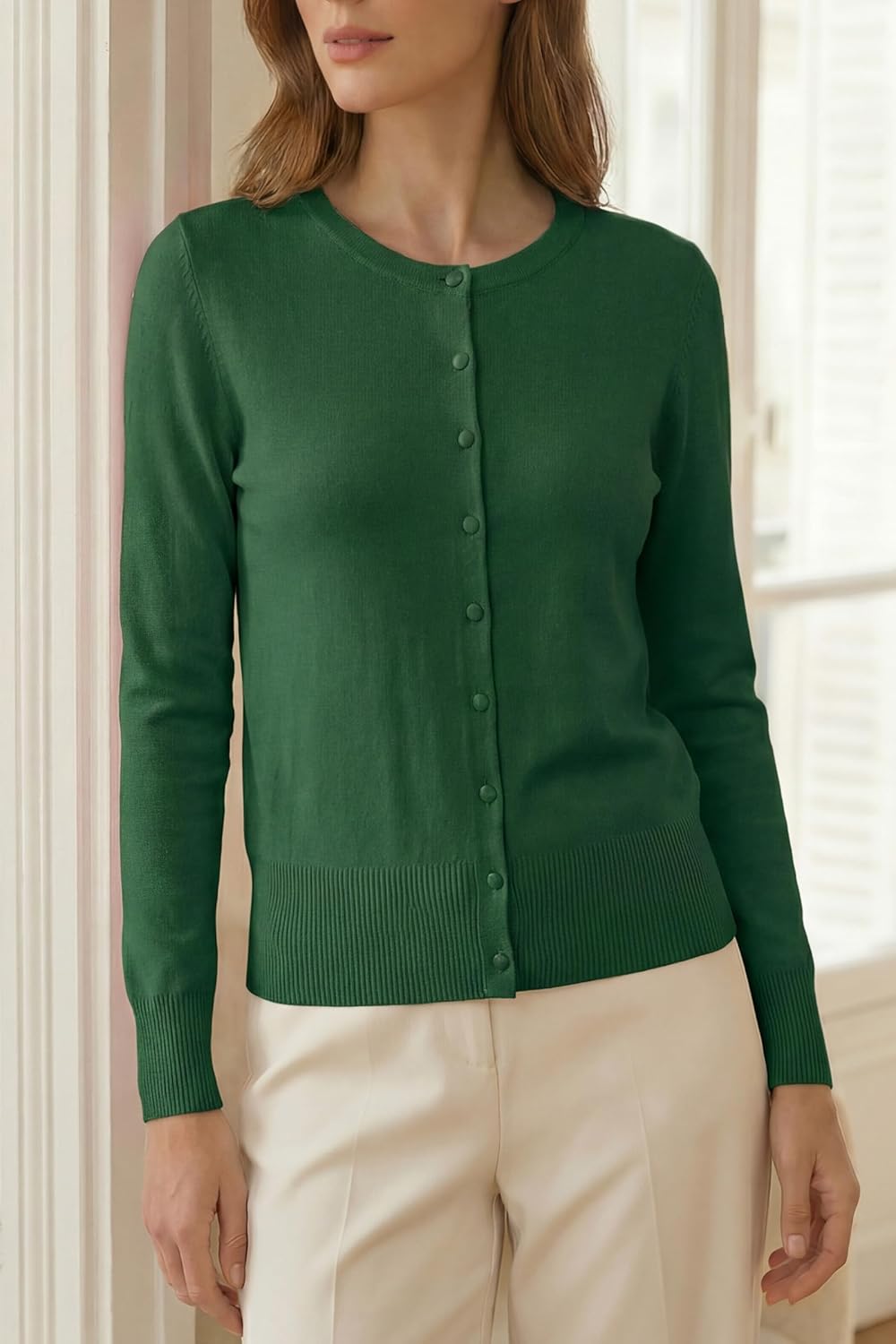VOTEPRETTY Leichter Strickjacke Damen Cardigan Kurzarm/Langarm Sommer Solid Top Langarm L Grün, Lang